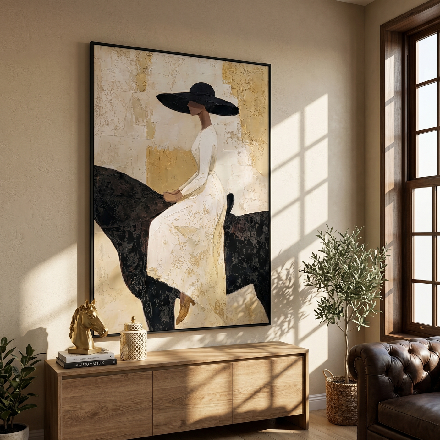 White Dress Rests Darkly — White-Dress Horsewoman Painting | Modern Figurative Vertical Wall Art – gold and black and brown modern figurative vintage americana art, vertical hand-painted canvas art – view 2