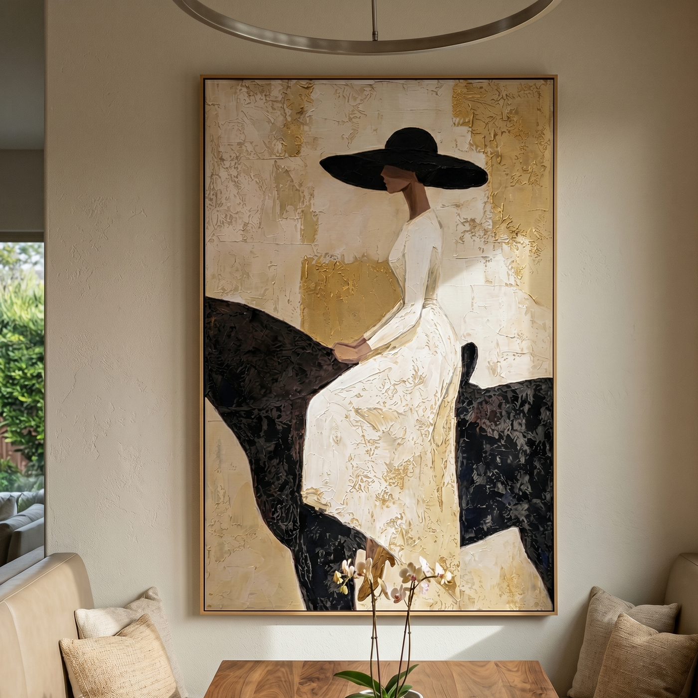 White Dress Rests Darkly — White-Dress Horsewoman Painting | Modern Figurative Vertical Wall Art – gold and black and brown modern figurative vintage americana art, vertical hand-painted canvas art – view 3