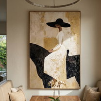 White Dress Rests Darkly — White-Dress Horsewoman Painting | Modern Figurative Vertical Wall Art – gold and black and brown modern figurative vintage americana art, vertical hand-painted canvas art – view 3