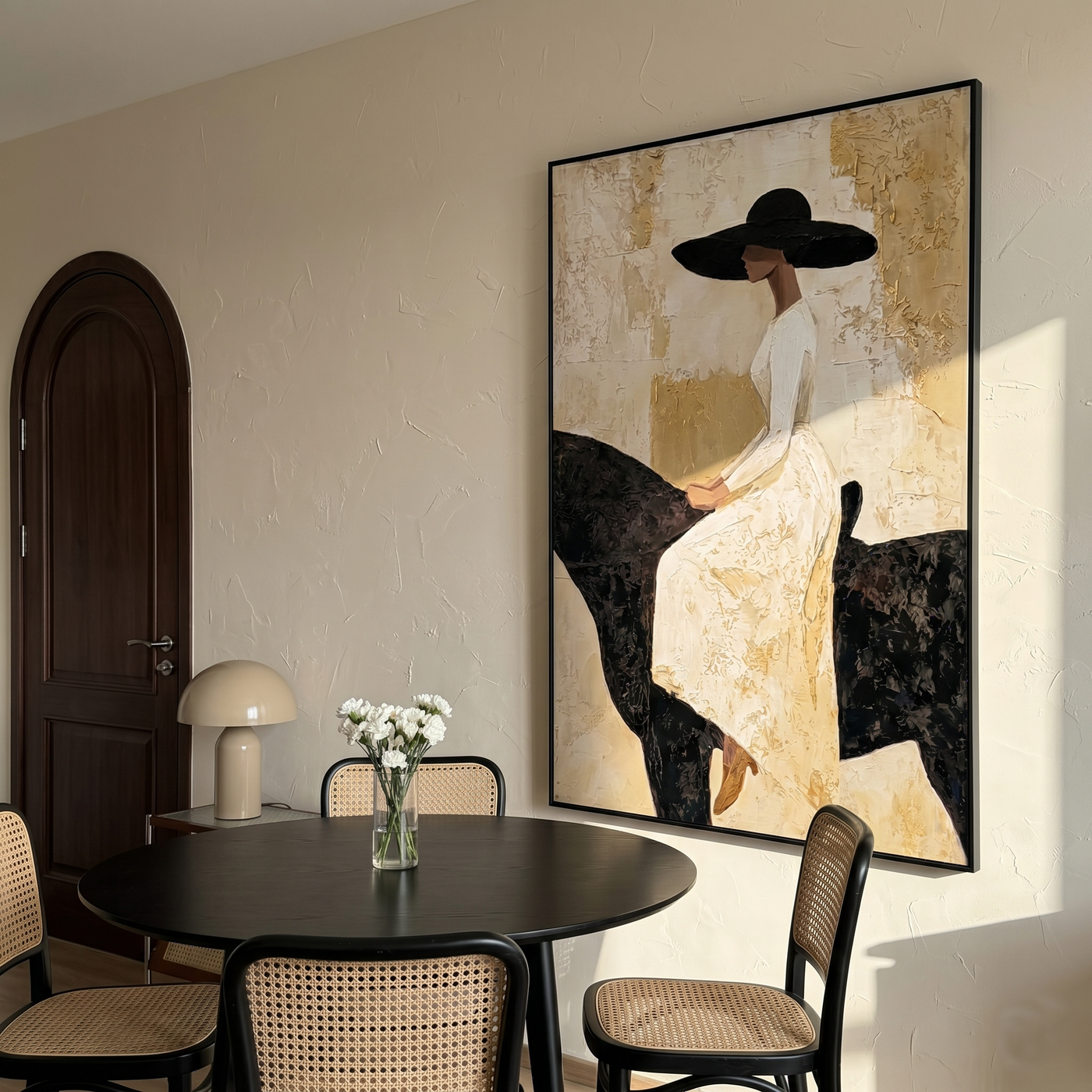 White Dress Rests Darkly — White-Dress Horsewoman Painting | Modern Figurative Vertical Wall Art – gold and black and brown modern figurative vintage americana art, vertical hand-painted canvas art – view 4