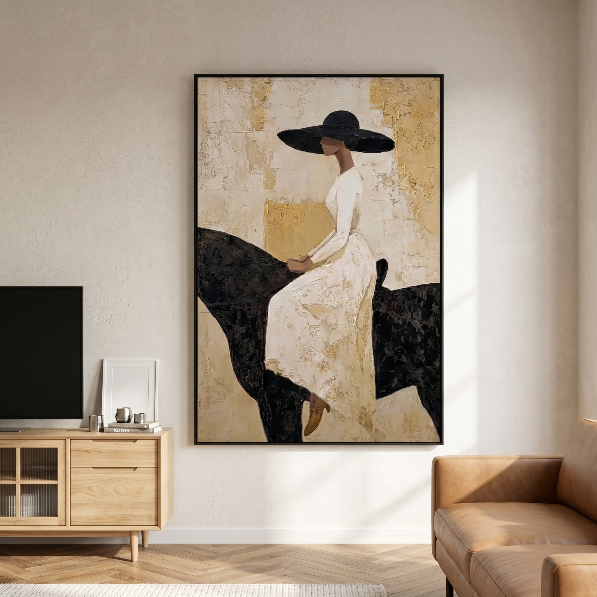 White Dress Rests Darkly — White-Dress Horsewoman Painting | Modern Figurative Vertical Wall Art – gold and black and brown modern figurative vintage americana art, vertical hand-painted canvas art – view 5
