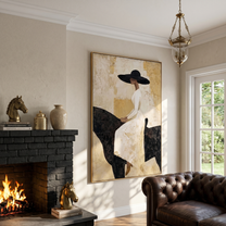 White Dress Rests Darkly — White-Dress Horsewoman Painting | Modern Figurative Vertical Wall Art – gold and black and brown modern figurative vintage americana art, vertical hand-painted canvas art – view 6
