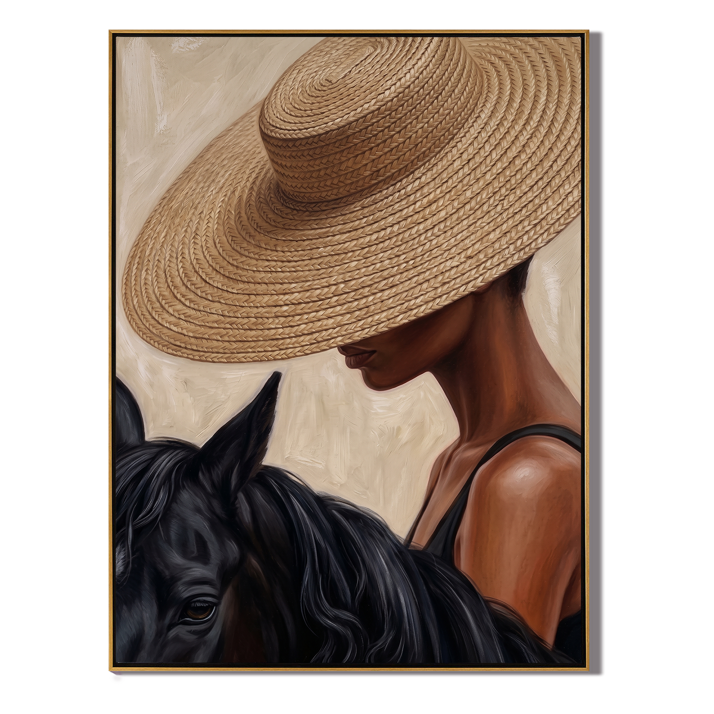 Straw Brim Touches Midnight — Woman and Horse Close-Up Painting | Modern Figurative Vertical Wall Art – brown and black modern figurative vintage americana art, vertical hand-painted canvas art – view 1