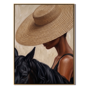Straw Brim Touches Midnight — Woman and Horse Close-Up Painting | Modern Figurative Vertical Wall Art – brown and black modern figurative vintage americana art, vertical hand-painted canvas art – view 1
