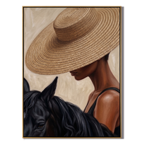 Straw Brim Touches Midnight — Woman and Horse Close-Up Painting | Modern Figurative Vertical Wall Art – brown and black modern figurative vintage americana art, vertical hand-painted canvas art – view 1