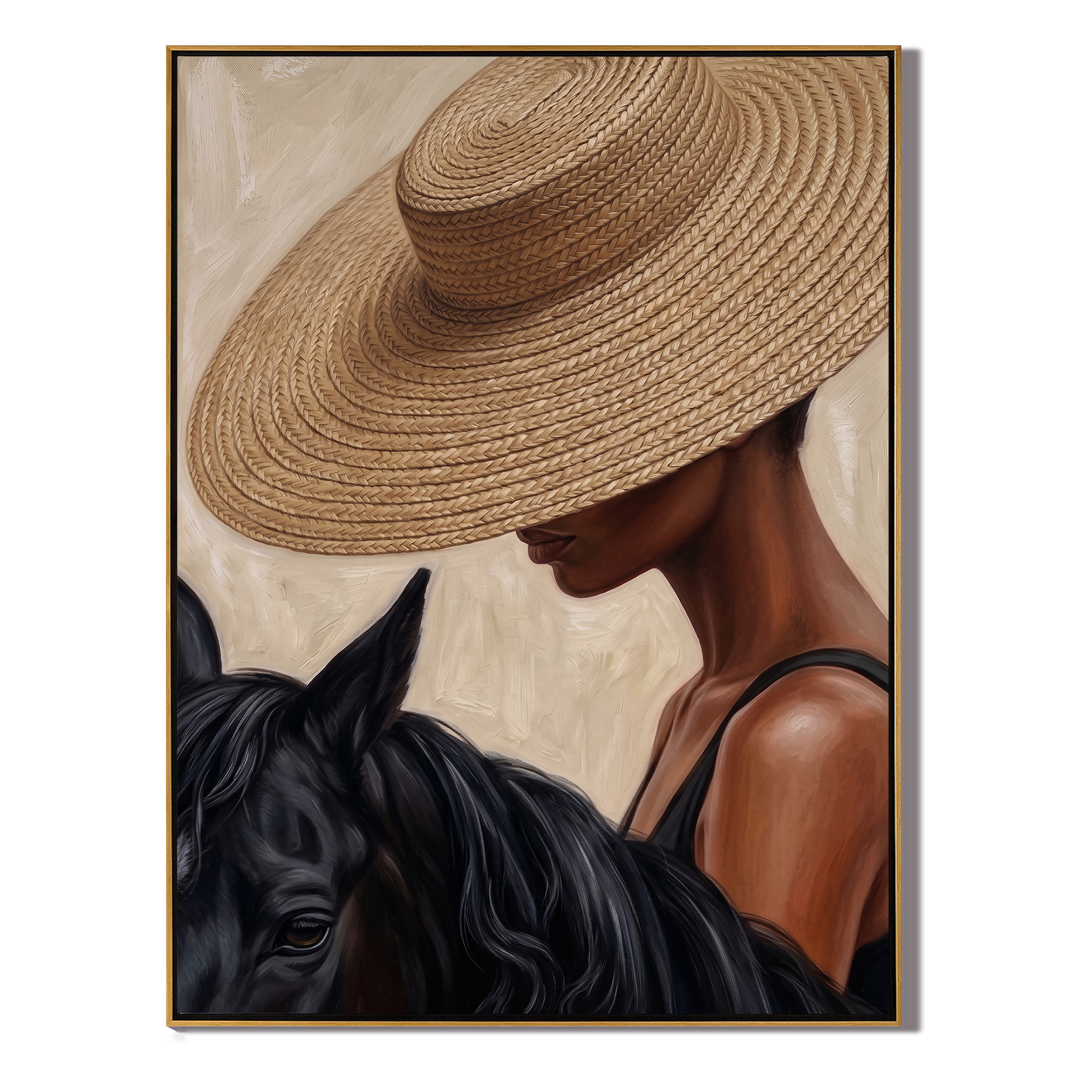Straw Brim Touches Midnight — Woman and Horse Close-Up Painting | Modern Figurative Vertical Wall Art – brown and black modern figurative vintage americana art, vertical hand-painted canvas art – view 1
