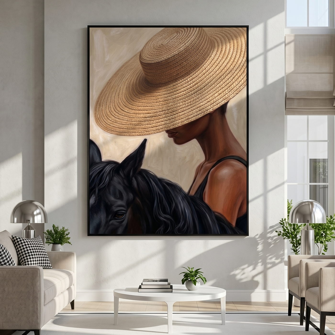 Straw Brim Touches Midnight — Woman and Horse Close-Up Painting | Modern Figurative Vertical Wall Art – brown and black modern figurative vintage americana art, vertical hand-painted canvas art – view 2
