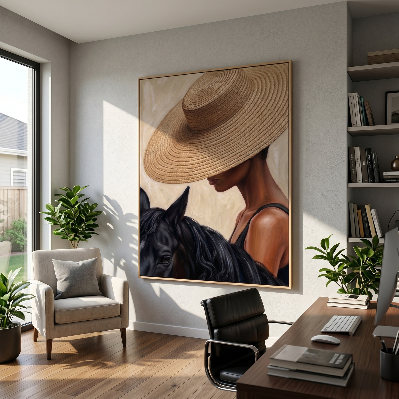 Straw Brim Touches Midnight — Woman and Horse Close-Up Painting | Modern Figurative Vertical Wall Art – brown and black modern figurative vintage americana art, vertical hand-painted canvas art – view 3