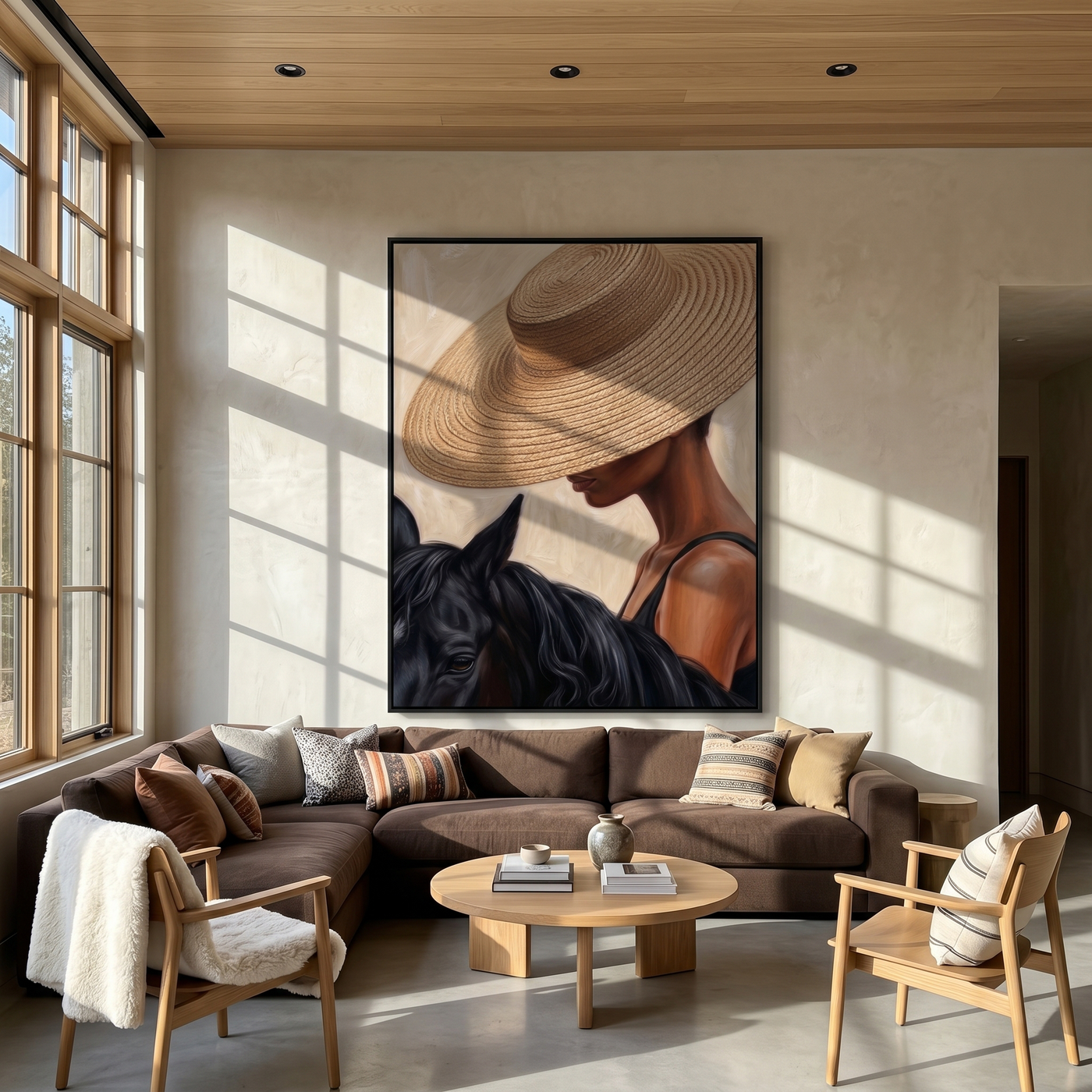 Straw Brim Touches Midnight — Woman and Horse Close-Up Painting | Modern Figurative Vertical Wall Art – brown and black modern figurative vintage americana art, vertical hand-painted canvas art – view 4