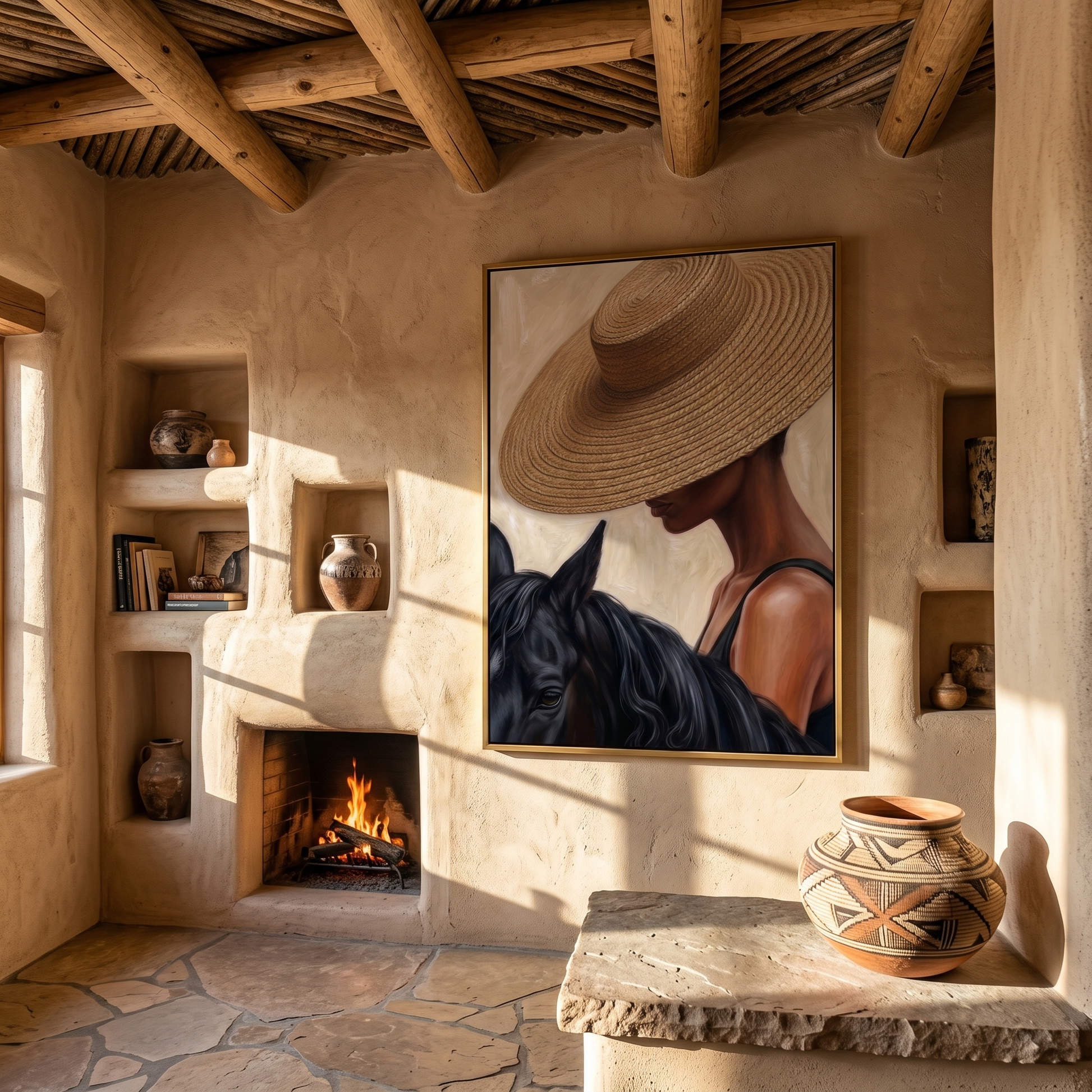 Straw Brim Touches Midnight — Woman and Horse Close-Up Painting | Modern Figurative Vertical Wall Art – brown and black modern figurative vintage americana art, vertical hand-painted canvas art – view 5