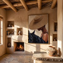 Straw Brim Touches Midnight — Woman and Horse Close-Up Painting | Modern Figurative Vertical Wall Art – brown and black modern figurative vintage americana art, vertical hand-painted canvas art – view 5