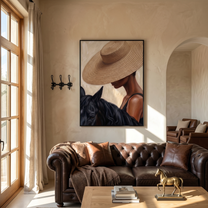 Straw Brim Touches Midnight — Woman and Horse Close-Up Painting | Modern Figurative Vertical Wall Art – brown and black modern figurative vintage americana art, vertical hand-painted canvas art – view 6