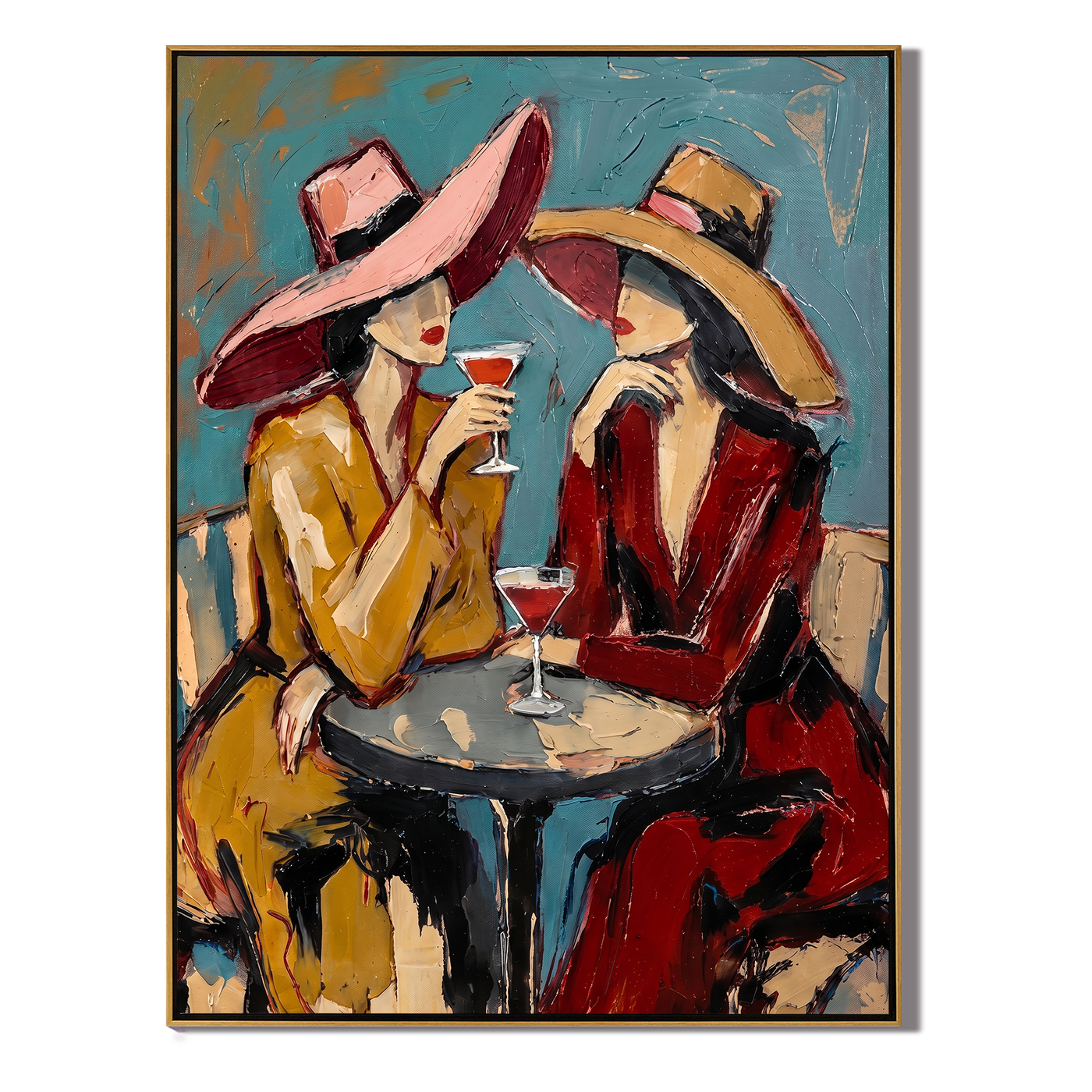 Two Glasses Trade Secrets — Cocktail Women Pair Painting | Modern Figurative Vertical Wall Art – brown and gray and blue modern figurative vintage americana art, vertical hand-painted canvas art – view 1