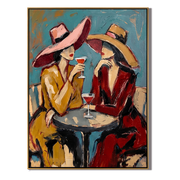 Two Glasses Trade Secrets — Cocktail Women Pair Painting | Modern Figurative Vertical Wall Art – brown and gray and blue modern figurative vintage americana art, vertical hand-painted canvas art – view 1
