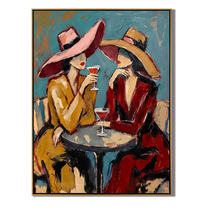 Two Glasses Trade Secrets — Cocktail Women Pair Painting | Modern Figurative Vertical Wall Art – brown and gray and blue modern figurative vintage americana art, vertical hand-painted canvas art – view 1
