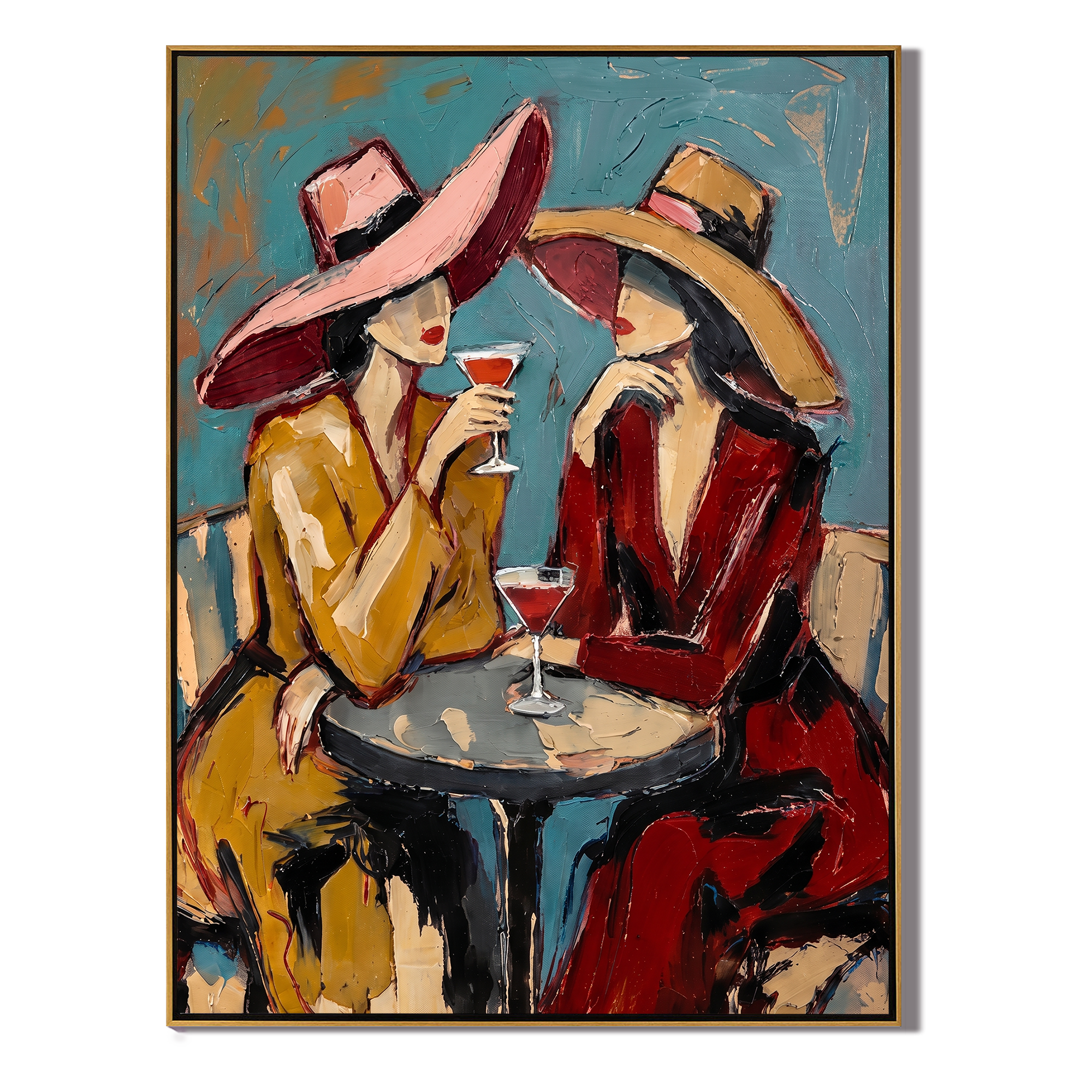 Two Glasses Trade Secrets — Cocktail Women Pair Painting | Modern Figurative Vertical Wall Art – brown and gray and blue modern figurative vintage americana art, vertical hand-painted canvas art – view 1