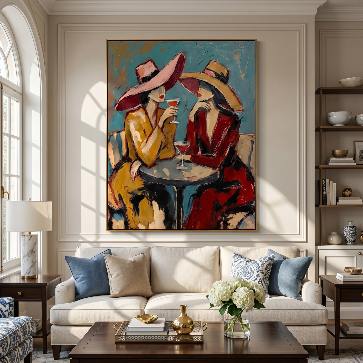 Two Glasses Trade Secrets — Cocktail Women Pair Painting | Modern Figurative Vertical Wall Art – brown and gray and blue modern figurative vintage americana art, vertical hand-painted canvas art – view 2