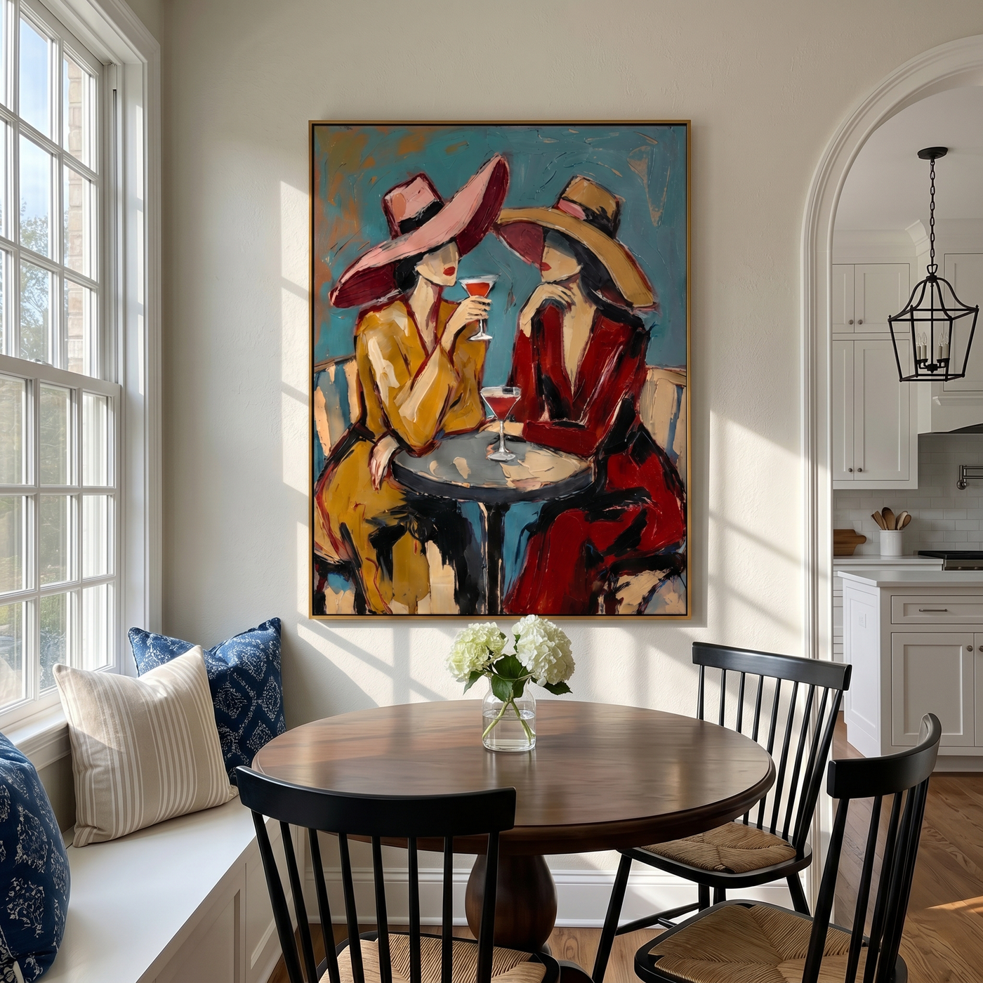 Two Glasses Trade Secrets — Cocktail Women Pair Painting | Modern Figurative Vertical Wall Art – brown and gray and blue modern figurative vintage americana art, vertical hand-painted canvas art – view 3