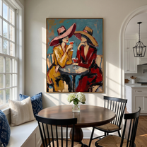 Two Glasses Trade Secrets — Cocktail Women Pair Painting | Modern Figurative Vertical Wall Art – brown and gray and blue modern figurative vintage americana art, vertical hand-painted canvas art – view 3