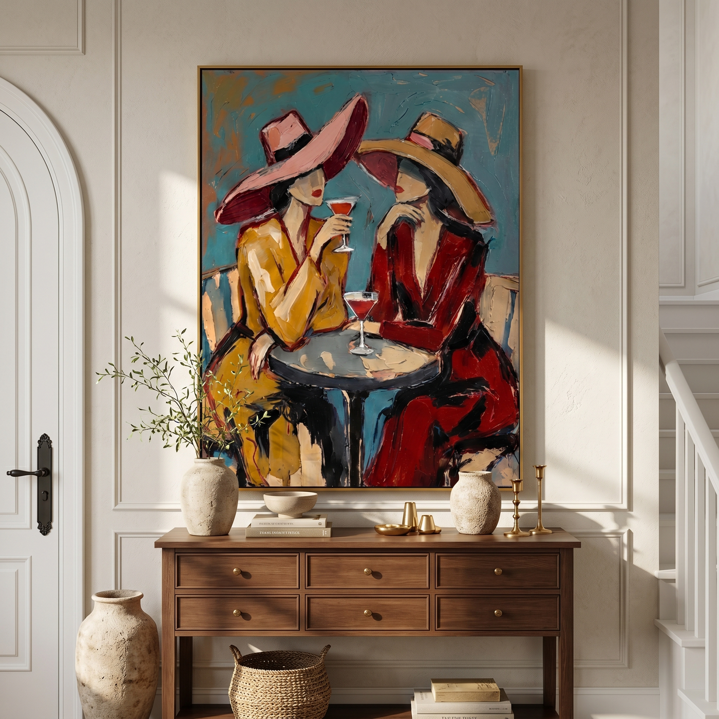 Two Glasses Trade Secrets — Cocktail Women Pair Painting | Modern Figurative Vertical Wall Art – brown and gray and blue modern figurative vintage americana art, vertical hand-painted canvas art – view 4