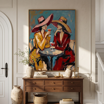 Two Glasses Trade Secrets — Cocktail Women Pair Painting | Modern Figurative Vertical Wall Art – brown and gray and blue modern figurative vintage americana art, vertical hand-painted canvas art – view 4