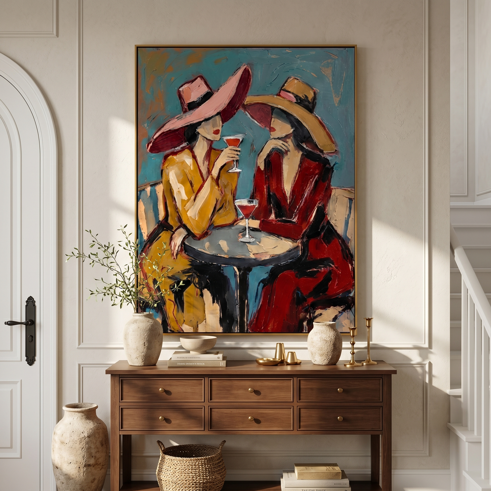 Two Glasses Trade Secrets — Cocktail Women Pair Painting | Modern Figurative Vertical Wall Art – brown and gray and blue modern figurative vintage americana art, vertical hand-painted canvas art – view 4