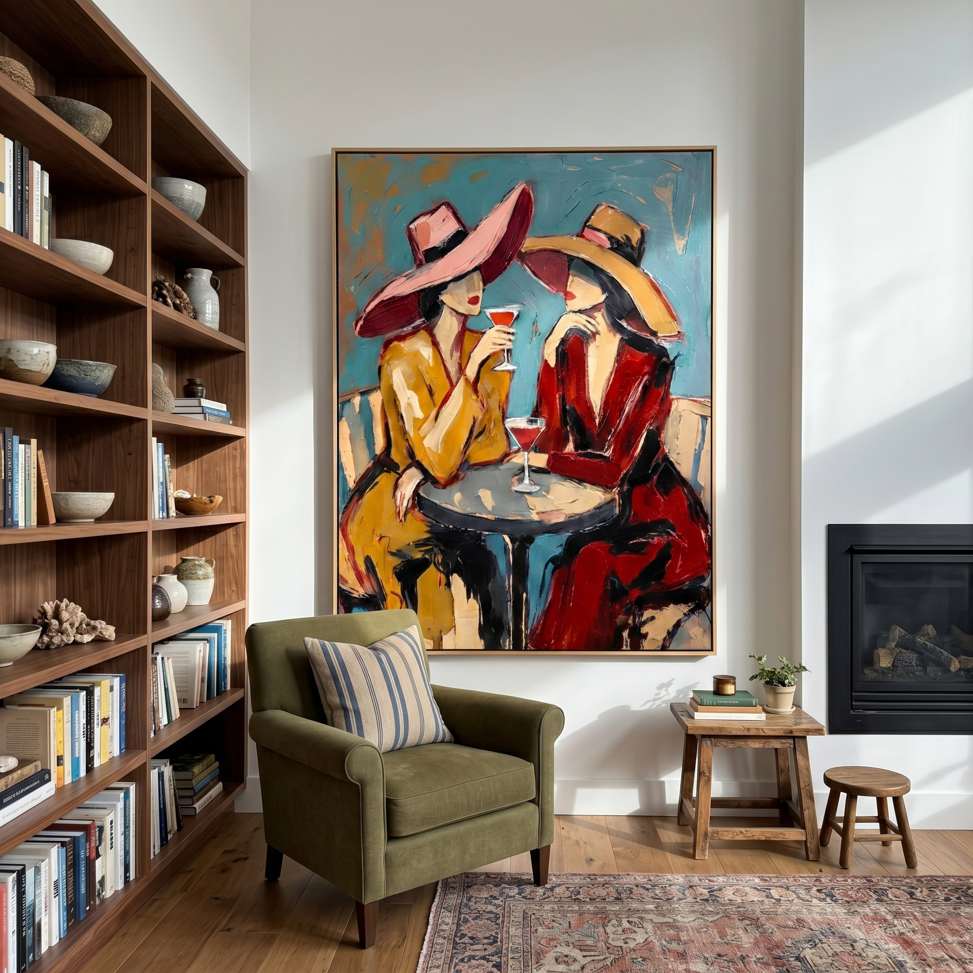 Two Glasses Trade Secrets — Cocktail Women Pair Painting | Modern Figurative Vertical Wall Art – brown and gray and blue modern figurative vintage americana art, vertical hand-painted canvas art – view 5