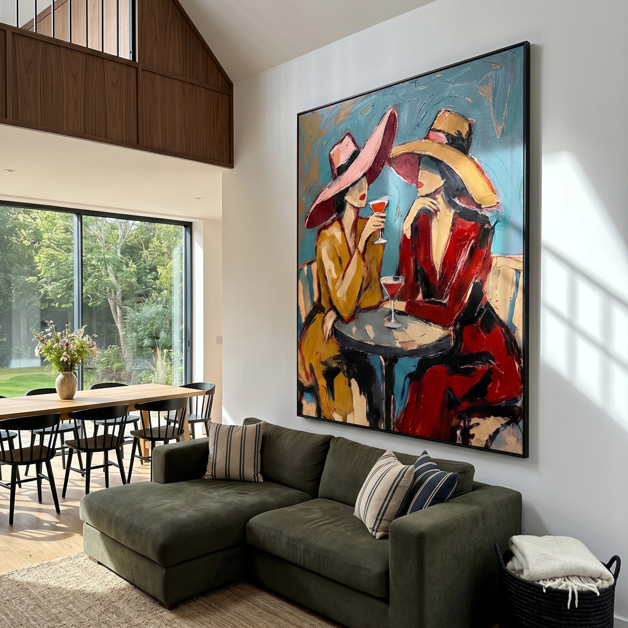 Two Glasses Trade Secrets — Cocktail Women Pair Painting | Modern Figurative Vertical Wall Art – brown and gray and blue modern figurative vintage americana art, vertical hand-painted canvas art – view 6