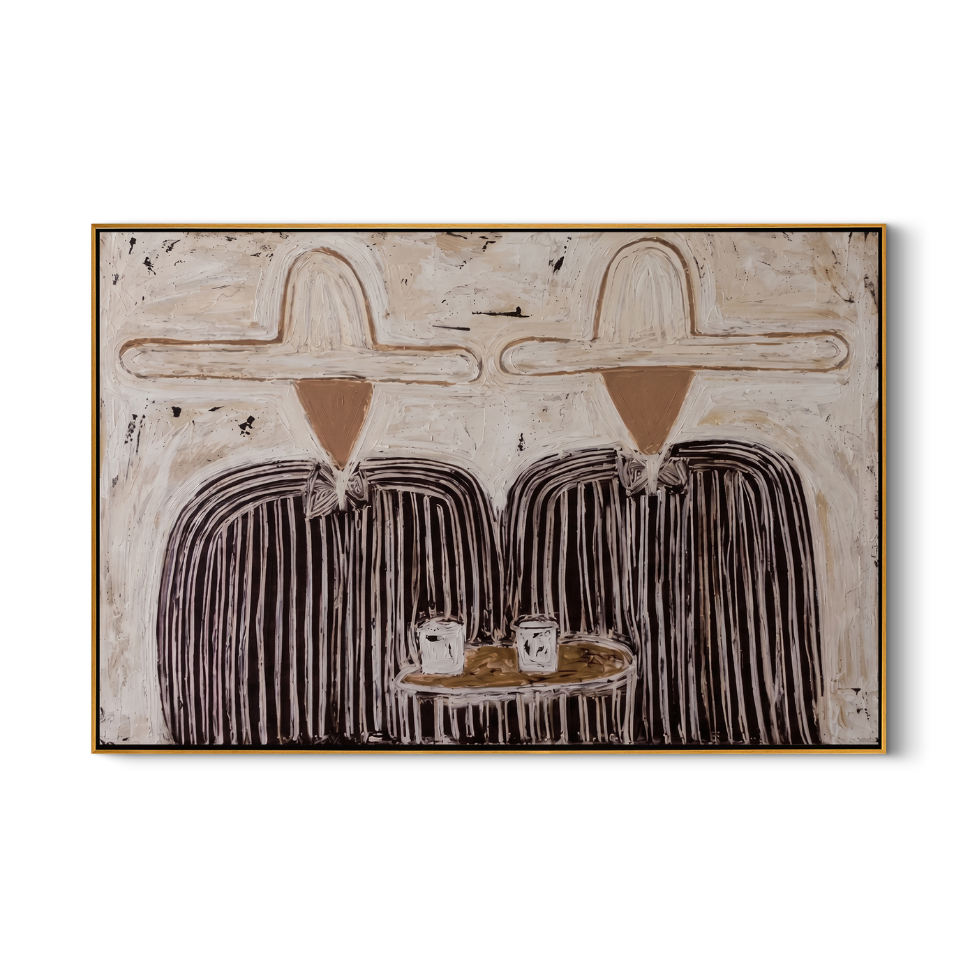 Coffee Returns Between Us — Twin Cowboy Coffee Scene Painting | Modern Figurative Horizontal Wall Art – gray and brown modern figurative vintage americana art, horizontal hand-painted canvas art – view 1