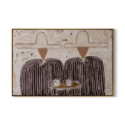 Coffee Returns Between Us — Twin Cowboy Coffee Scene Painting | Modern Figurative Horizontal Wall Art – gray and brown modern figurative vintage americana art, horizontal hand-painted canvas art – view 1