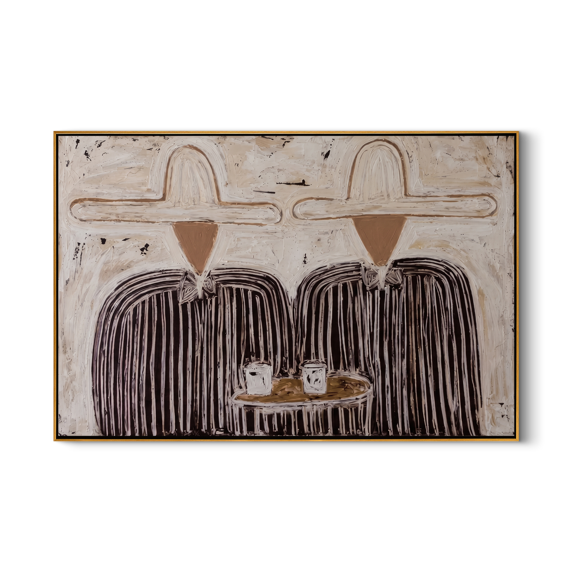 Coffee Returns Between Us — Twin Cowboy Coffee Scene Painting | Modern Figurative Horizontal Wall Art – gray and brown modern figurative vintage americana art, horizontal hand-painted canvas art – view 1