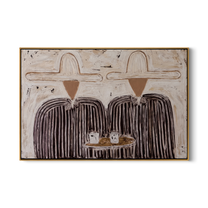 Coffee Returns Between Us — Twin Cowboy Coffee Scene Painting | Modern Figurative Horizontal Wall Art – gray and brown modern figurative vintage americana art, horizontal hand-painted canvas art – view 1