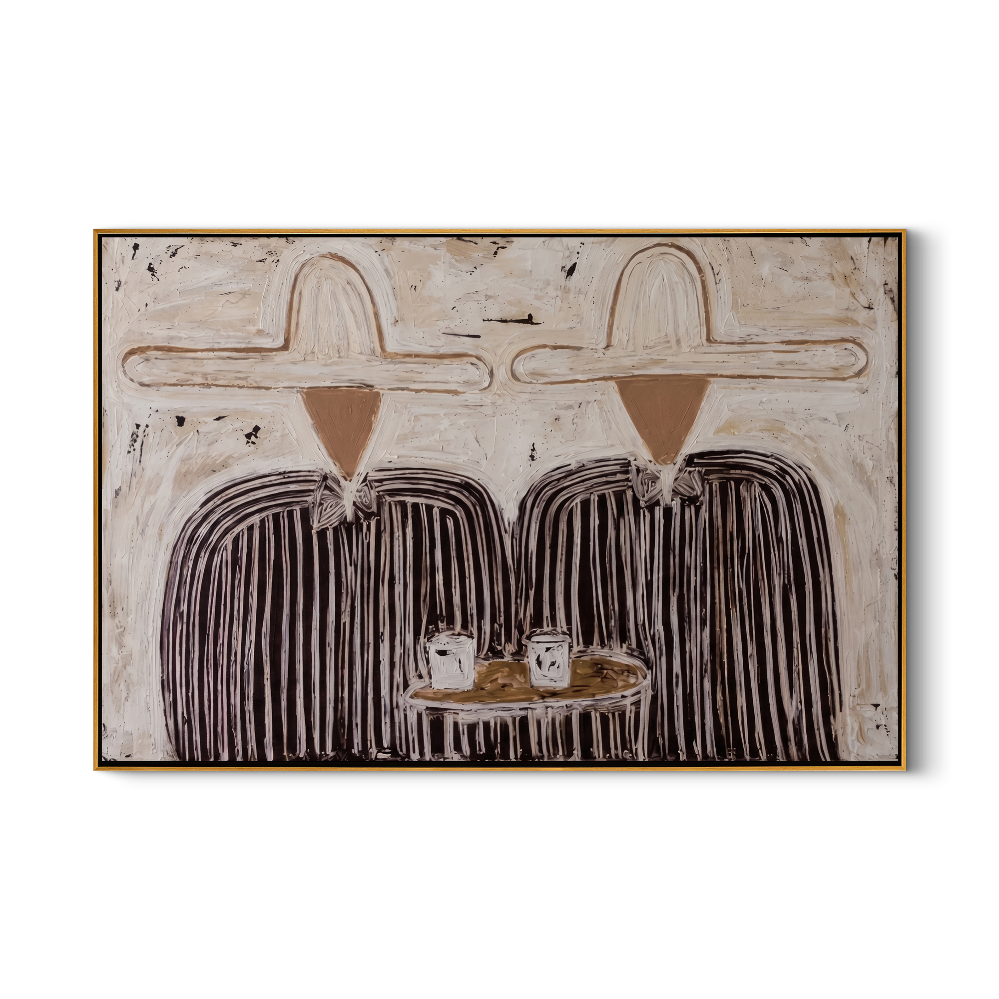 Coffee Returns Between Us — Twin Cowboy Coffee Scene Painting | Modern Figurative Horizontal Wall Art – gray and brown modern figurative vintage americana art, horizontal hand-painted canvas art – view 1