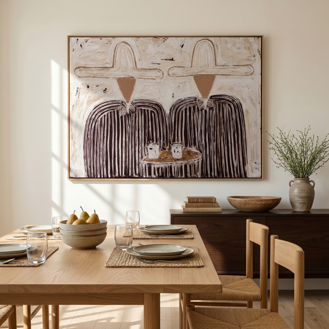 Coffee Returns Between Us — Twin Cowboy Coffee Scene Painting | Modern Figurative Horizontal Wall Art – gray and brown modern figurative vintage americana art, horizontal hand-painted canvas art – view 3