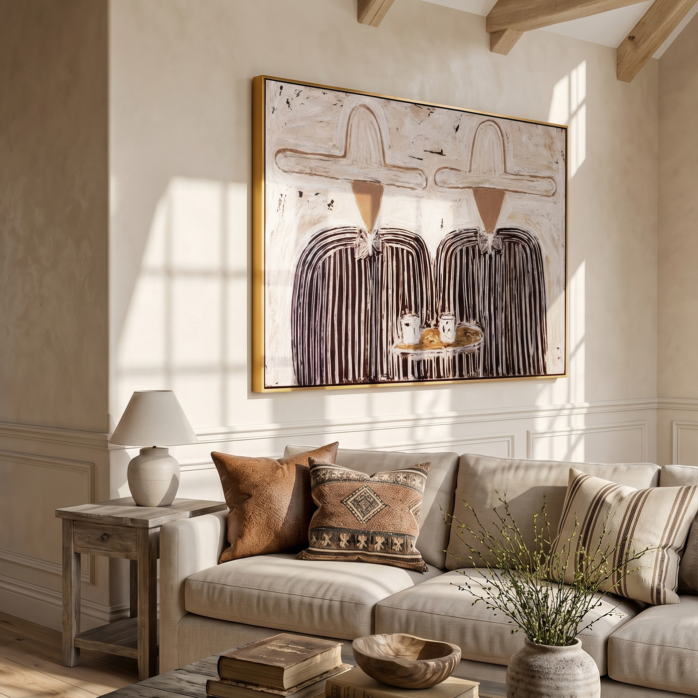 Coffee Returns Between Us — Twin Cowboy Coffee Scene Painting | Modern Figurative Horizontal Wall Art – gray and brown modern figurative vintage americana art, horizontal hand-painted canvas art – view 4