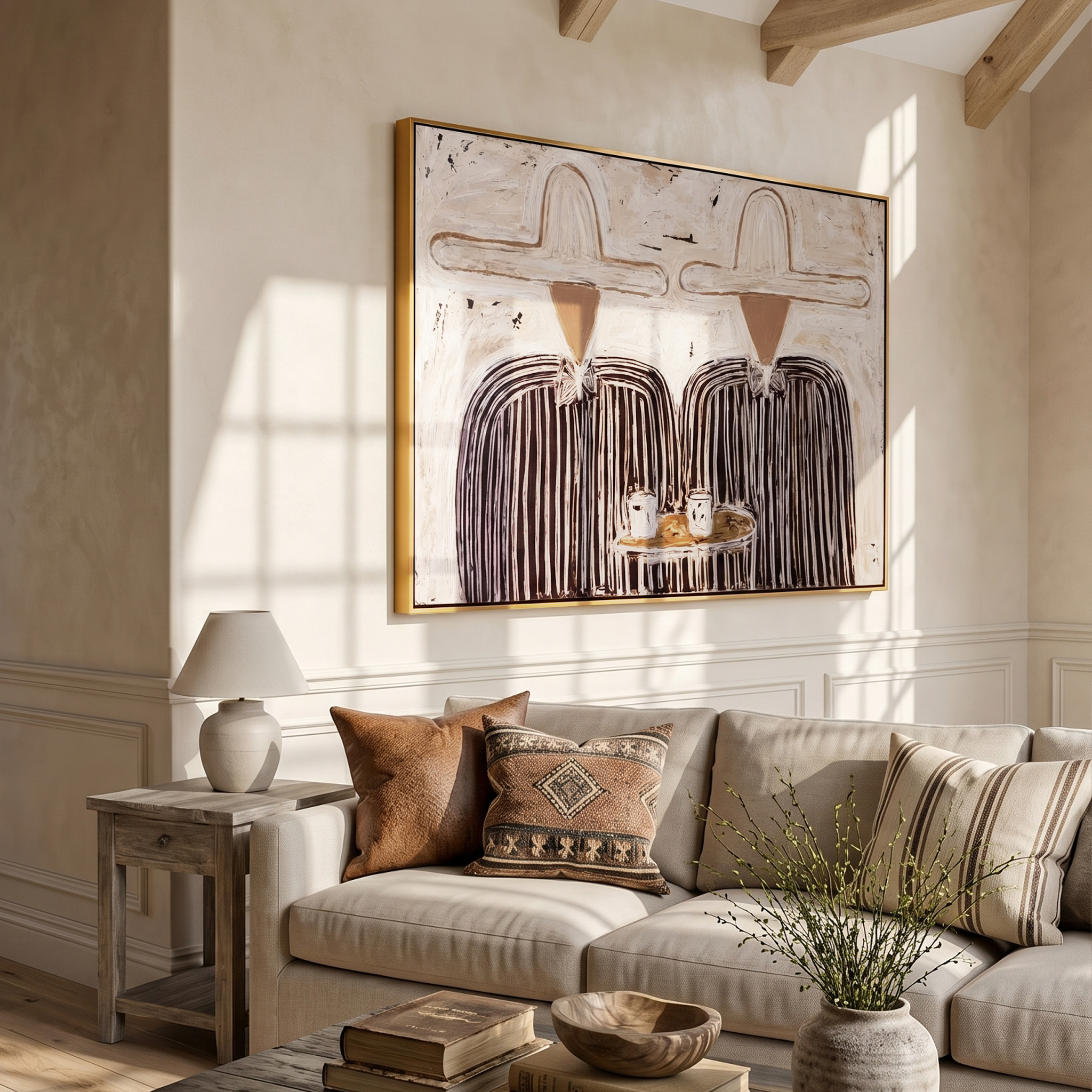 Coffee Returns Between Us — Twin Cowboy Coffee Scene Painting | Modern Figurative Horizontal Wall Art – gray and brown modern figurative vintage americana art, horizontal hand-painted canvas art – view 4