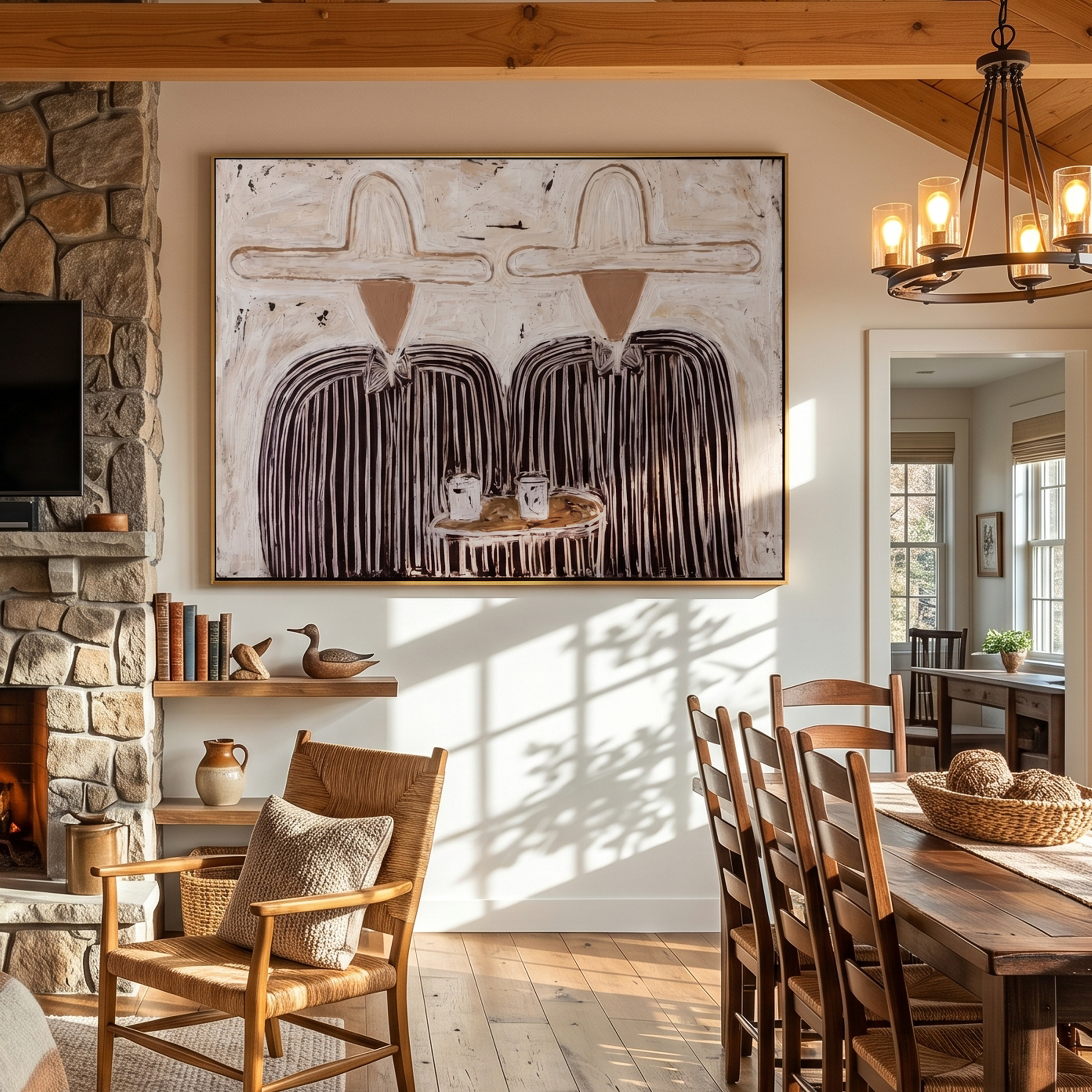 Coffee Returns Between Us — Twin Cowboy Coffee Scene Painting | Modern Figurative Horizontal Wall Art – gray and brown modern figurative vintage americana art, horizontal hand-painted canvas art – view 6