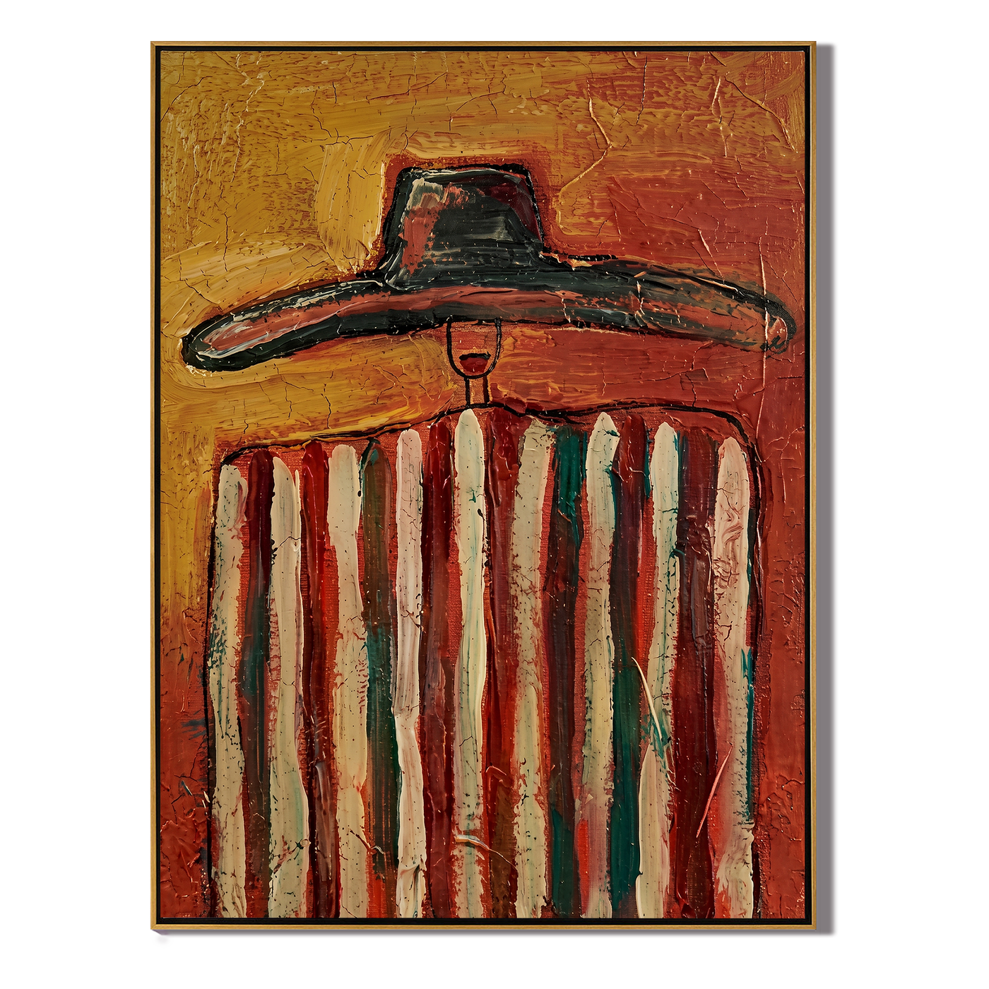 Red Stripes Hold Heat — Striped Black-Hat Figure Painting | Modern Figurative Vertical Wall Art – brown and gold modern figurative vintage americana art, vertical hand-painted canvas art – view 1