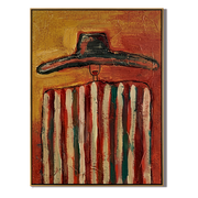 Red Stripes Hold Heat — Striped Black-Hat Figure Painting | Modern Figurative Vertical Wall Art – brown and gold modern figurative vintage americana art, vertical hand-painted canvas art – view 1