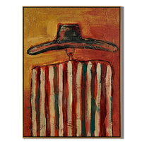 Red Stripes Hold Heat — Striped Black-Hat Figure Painting | Modern Figurative Vertical Wall Art – brown and gold modern figurative vintage americana art, vertical hand-painted canvas art – view 1