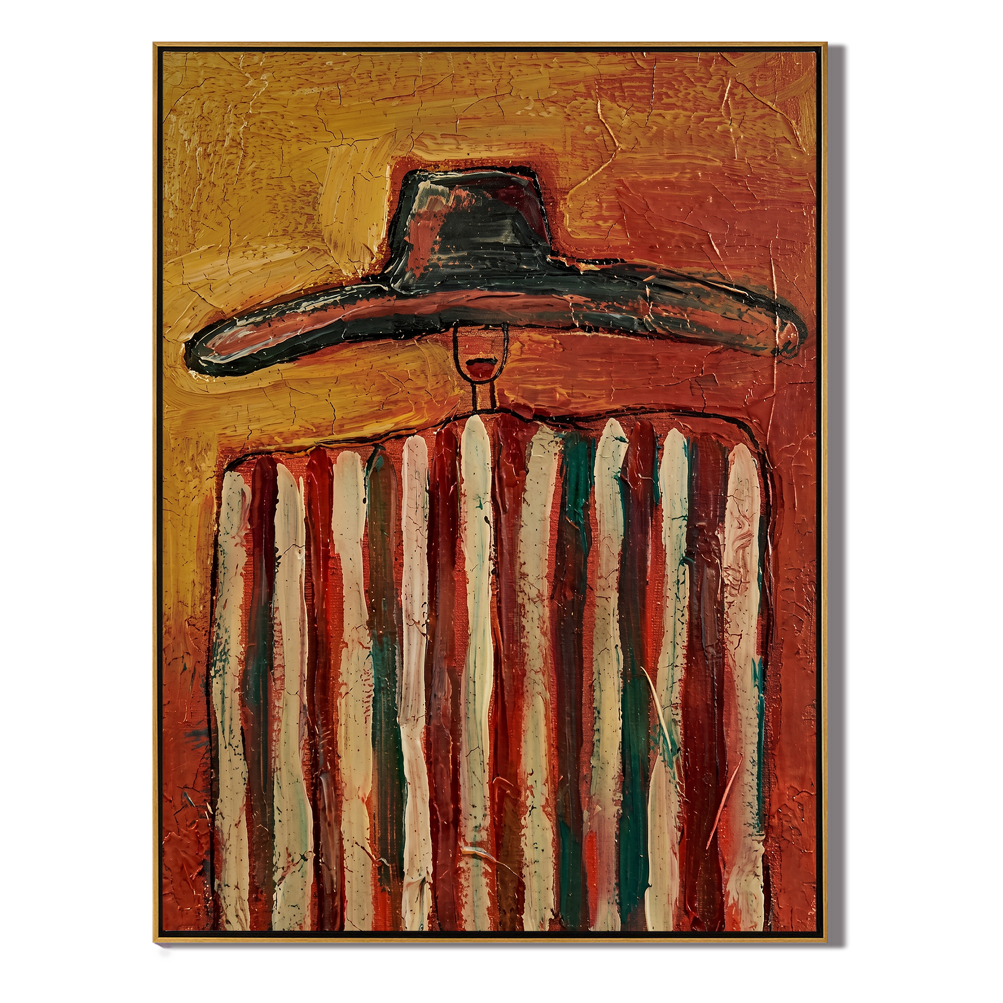 Red Stripes Hold Heat — Striped Black-Hat Figure Painting | Modern Figurative Vertical Wall Art – brown and gold modern figurative vintage americana art, vertical hand-painted canvas art – view 1