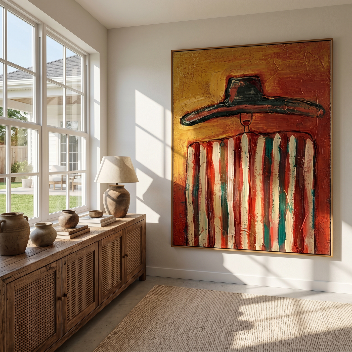 Red Stripes Hold Heat — Striped Black-Hat Figure Painting | Modern Figurative Vertical Wall Art – brown and gold modern figurative vintage americana art, vertical hand-painted canvas art – view 3