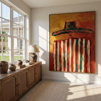 Red Stripes Hold Heat — Striped Black-Hat Figure Painting | Modern Figurative Vertical Wall Art – brown and gold modern figurative vintage americana art, vertical hand-painted canvas art – view 3