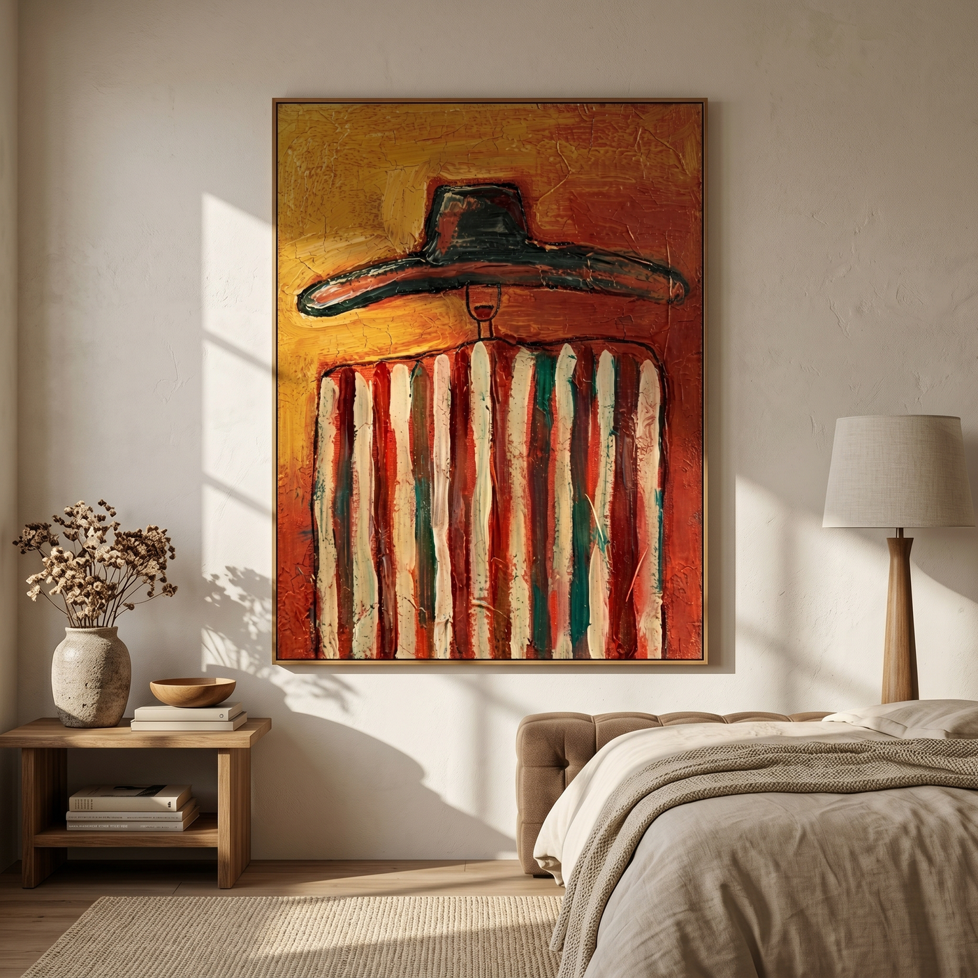 Red Stripes Hold Heat — Striped Black-Hat Figure Painting | Modern Figurative Vertical Wall Art – brown and gold modern figurative vintage americana art, vertical hand-painted canvas art – view 4