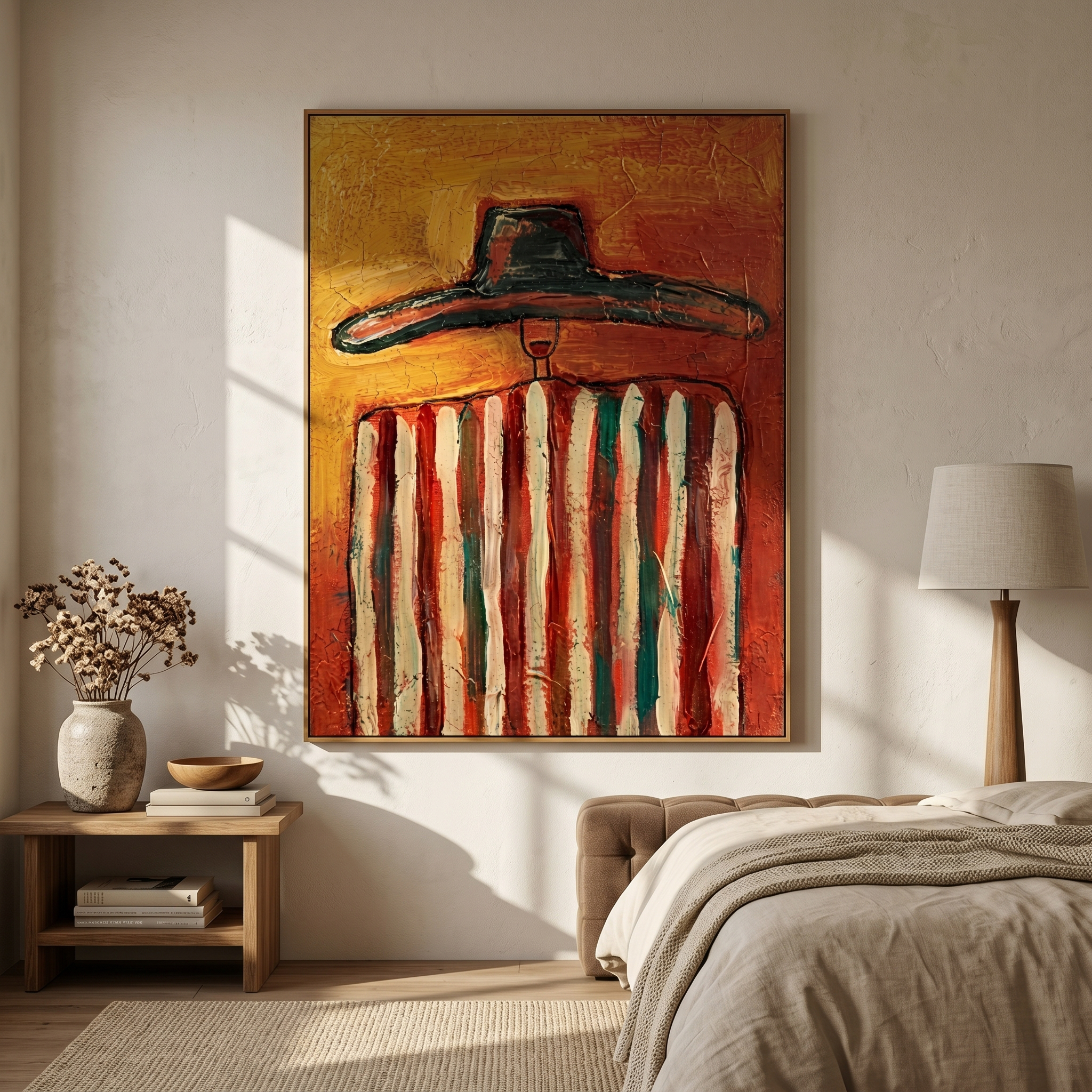 Red Stripes Hold Heat — Striped Black-Hat Figure Painting | Modern Figurative Vertical Wall Art – brown and gold modern figurative vintage americana art, vertical hand-painted canvas art – view 4