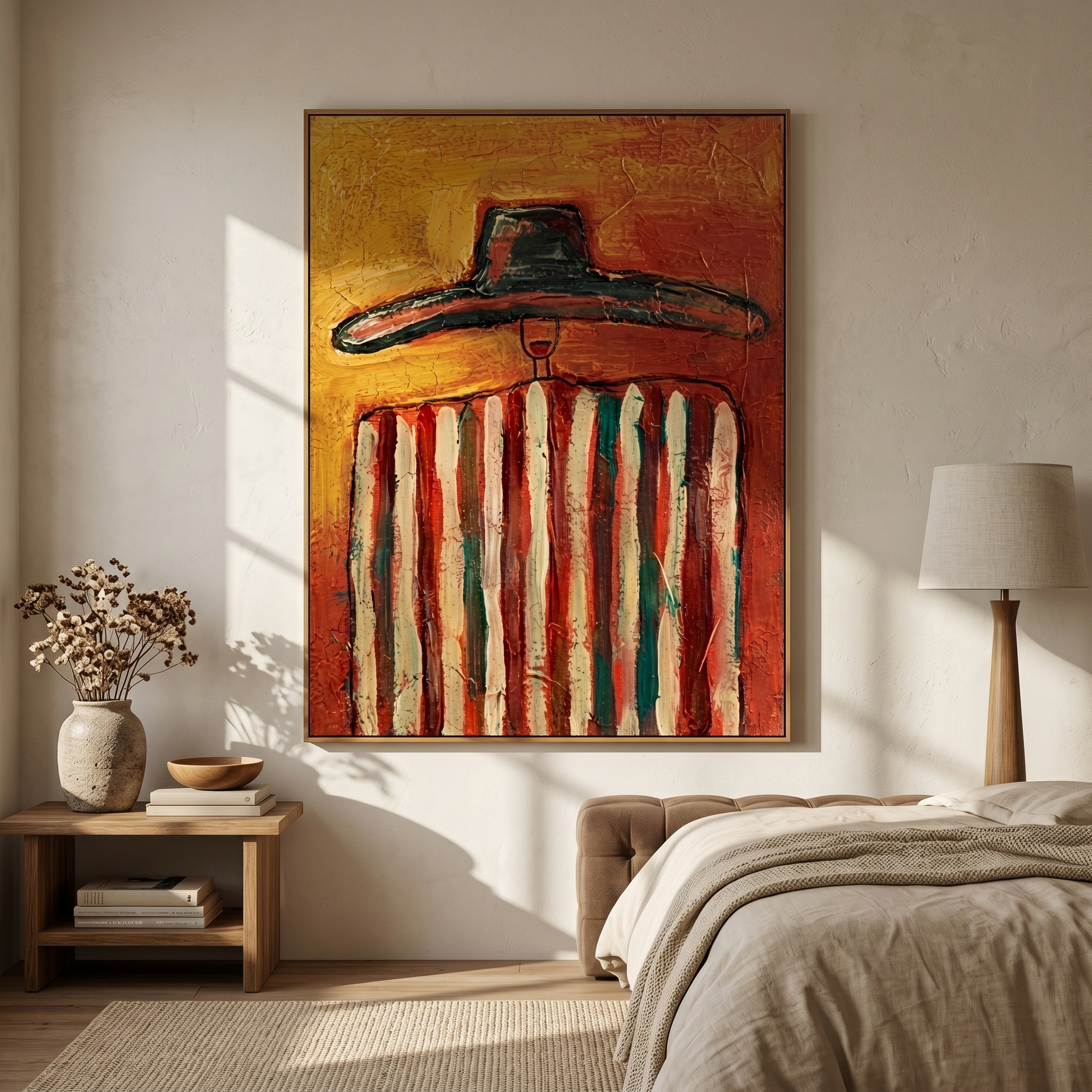 Red Stripes Hold Heat — Striped Black-Hat Figure Painting | Modern Figurative Vertical Wall Art – brown and gold modern figurative vintage americana art, vertical hand-painted canvas art – view 5