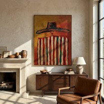 Red Stripes Hold Heat — Striped Black-Hat Figure Painting | Modern Figurative Vertical Wall Art – brown and gold modern figurative vintage americana art, vertical hand-painted canvas art – view 6