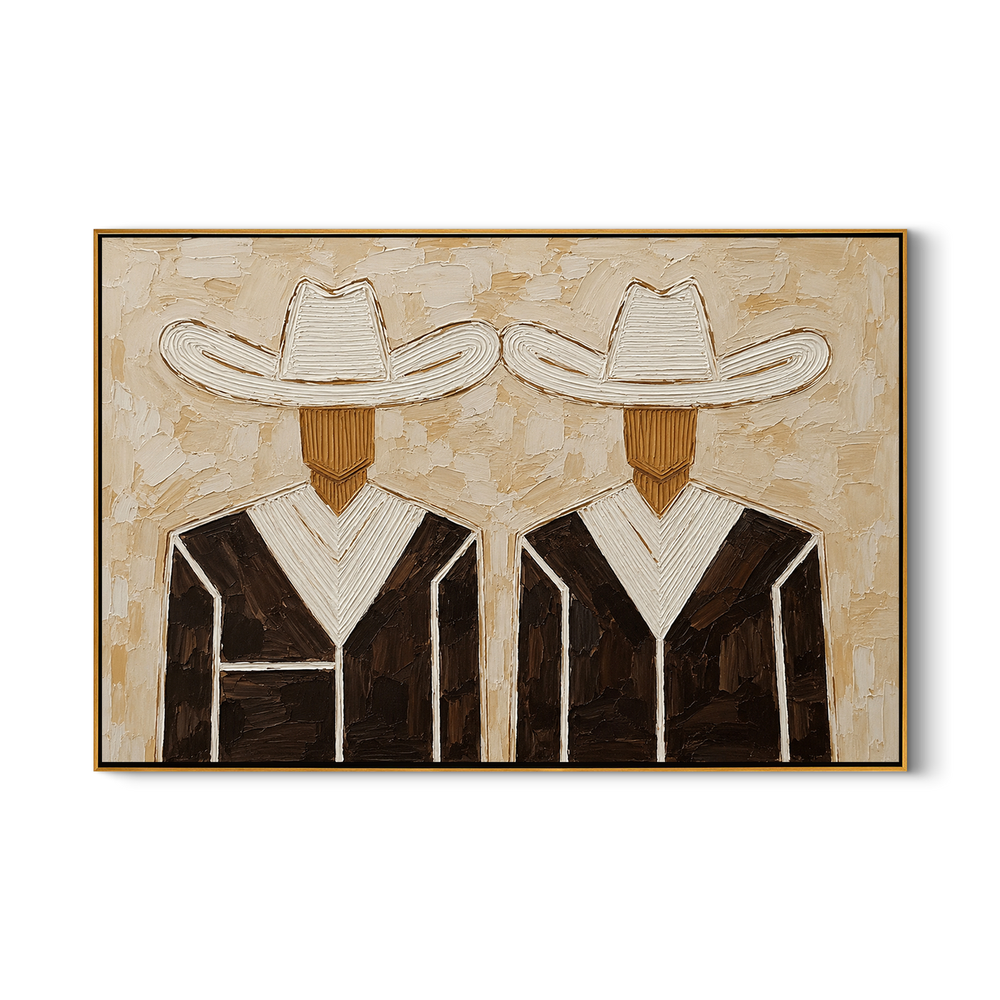 White Hats Dress Black — Twin White-Hat Cowboys Painting | Modern Figurative Horizontal Wall Art – brown and black and gray modern figurative vintage americana art, horizontal hand-painted canvas art – view 1