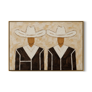 White Hats Dress Black — Twin White-Hat Cowboys Painting | Modern Figurative Horizontal Wall Art – brown and black and gray modern figurative vintage americana art, horizontal hand-painted canvas art – view 1