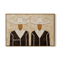 White Hats Dress Black — Twin White-Hat Cowboys Painting | Modern Figurative Horizontal Wall Art – brown and black and gray modern figurative vintage americana art, horizontal hand-painted canvas art – view 1